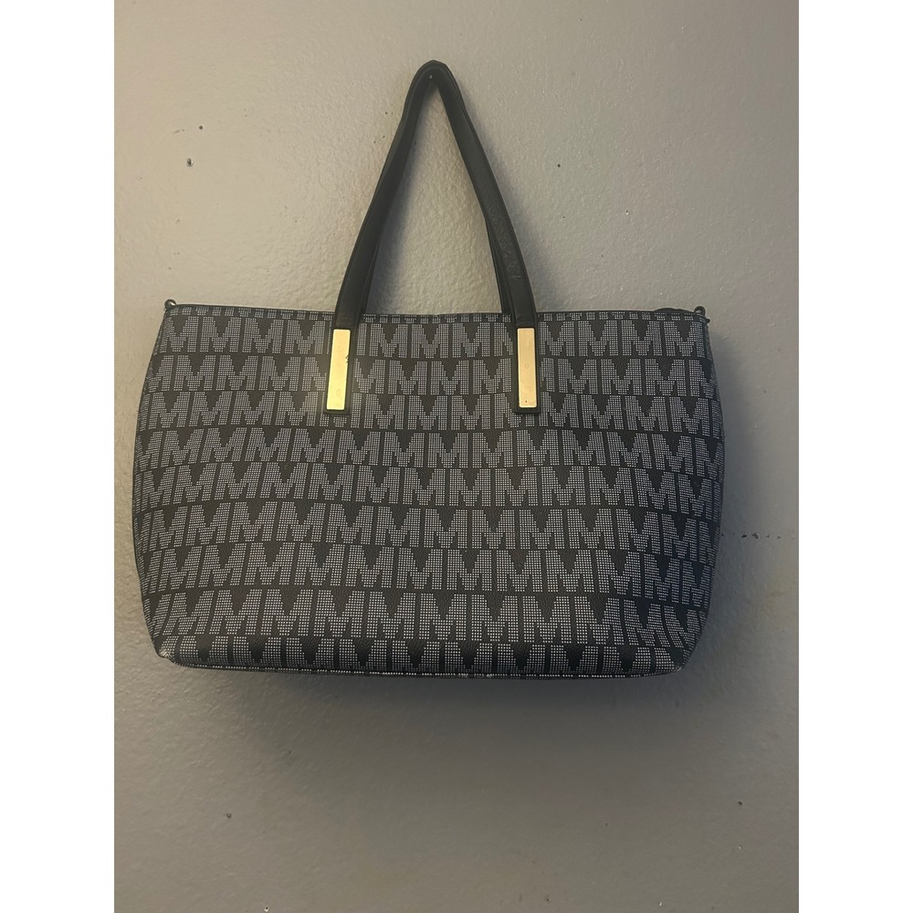 Letter M Tote Bag Monogram Print Black White Gold Accents Shoulder Bag Women